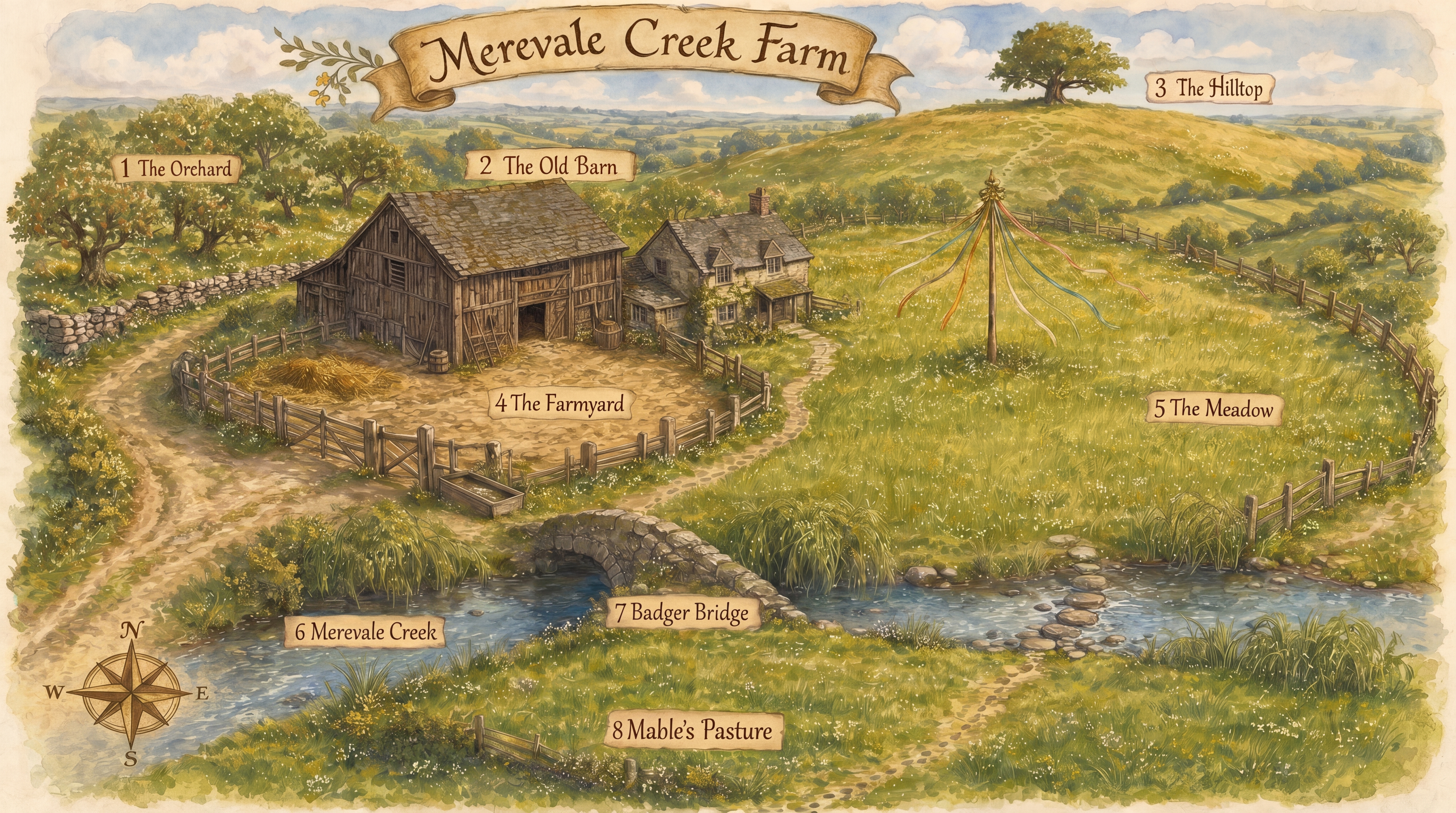 Map of Merevale Creek Farm showing eight numbered locations